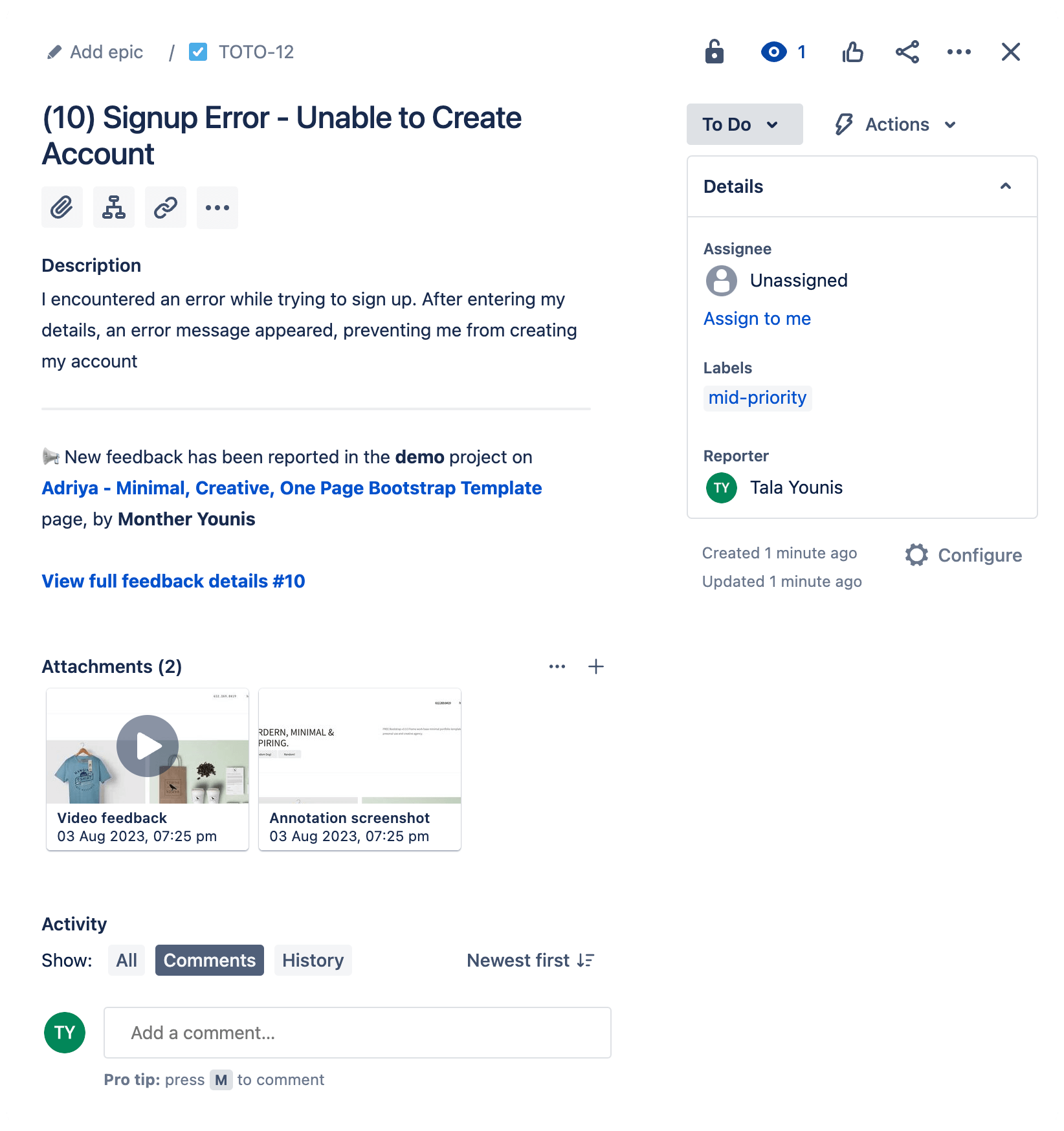 Bug reported by klynd on Jira with an annotated screenshot and video attached with more feedback details