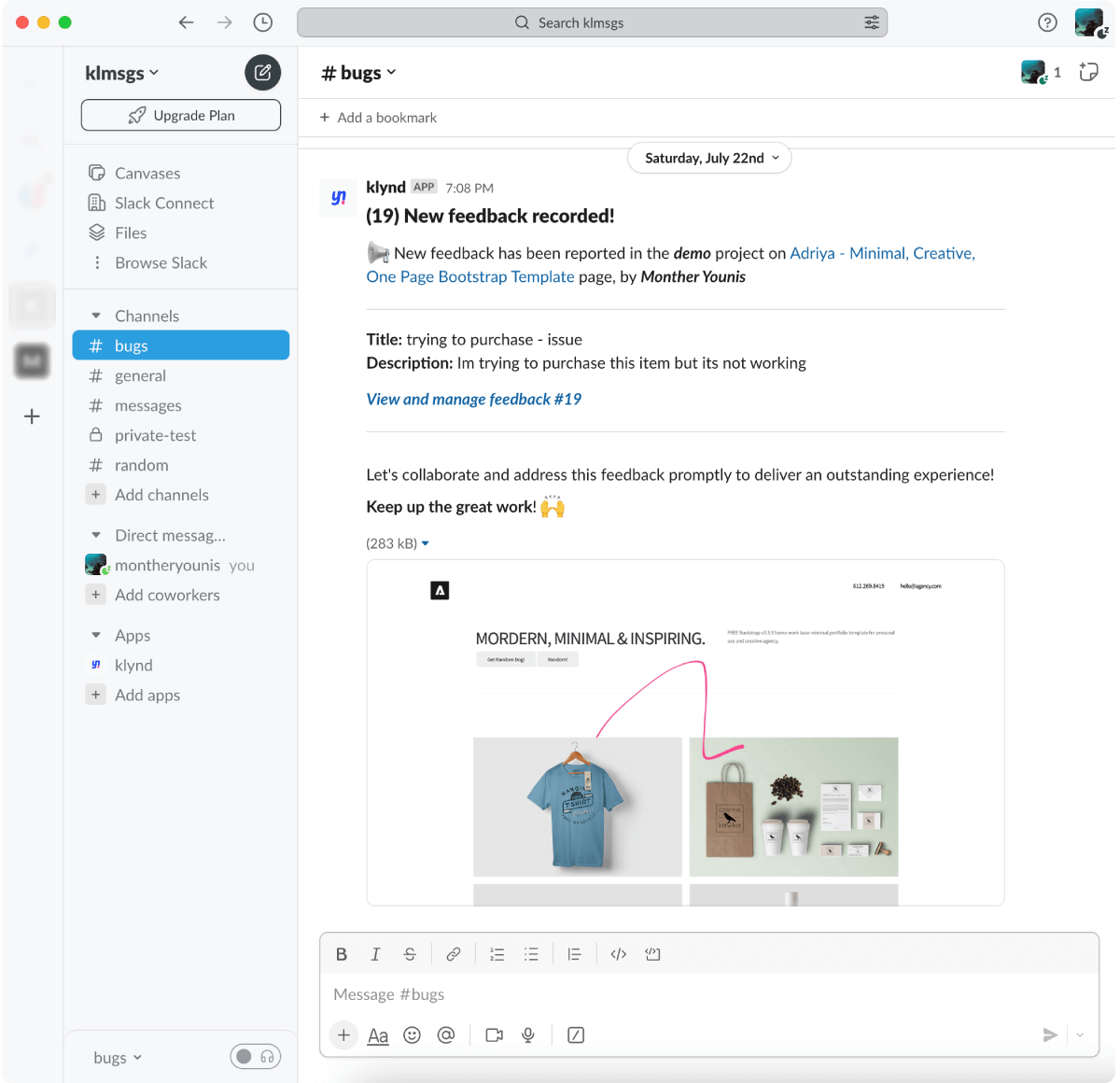 Customer feedback by klynd on Slack channel with an annotated screenshot and video link with more feedback details