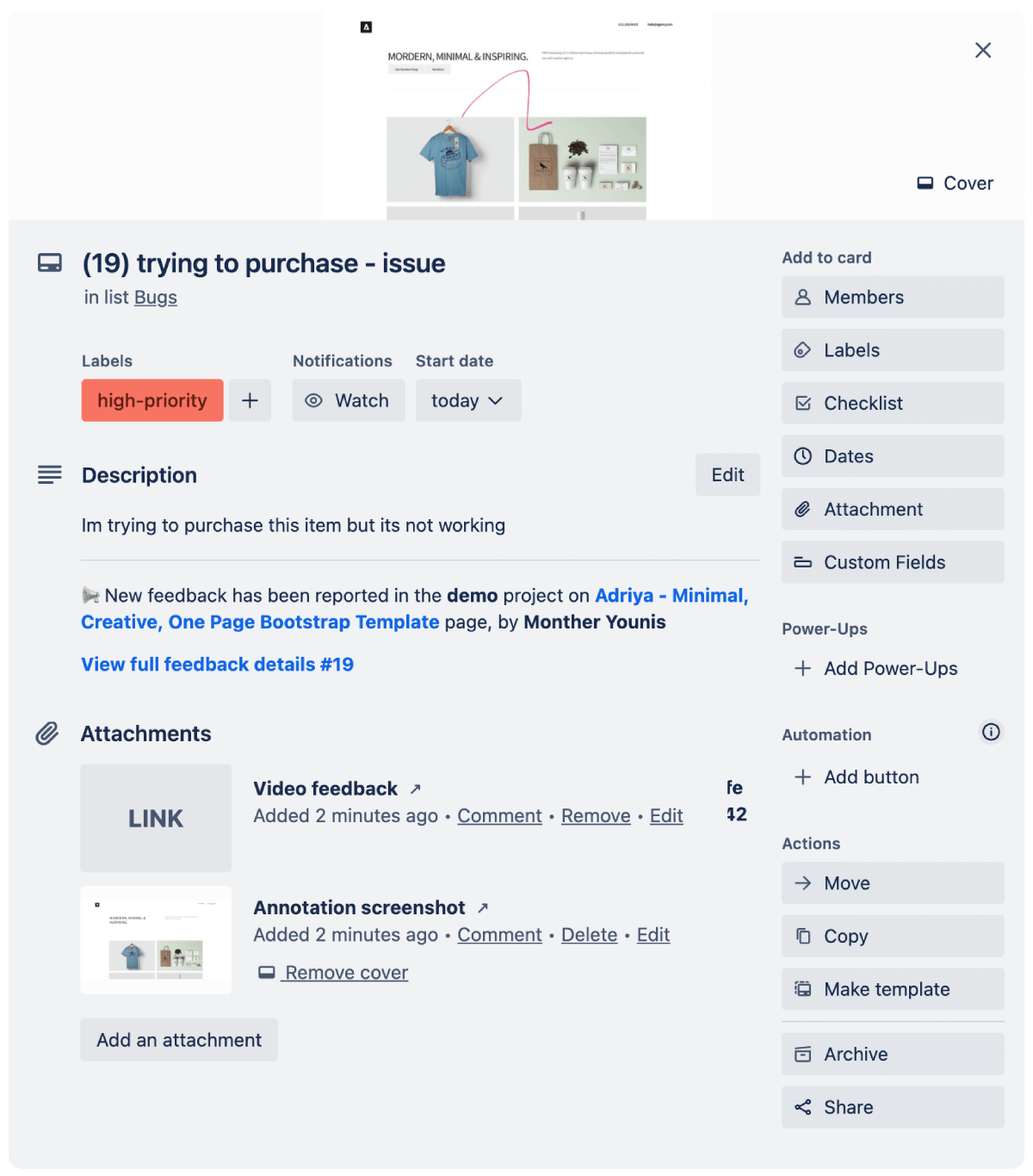 Customer feedback by klynd on Trello with an annotated screenshot, video attached with more feedback details